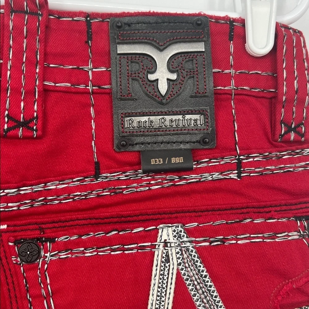 Men Rock Revival Red Jeans Slim Straight Stretch Pant Collectors Edition Size 32 - Picture 8 of 10